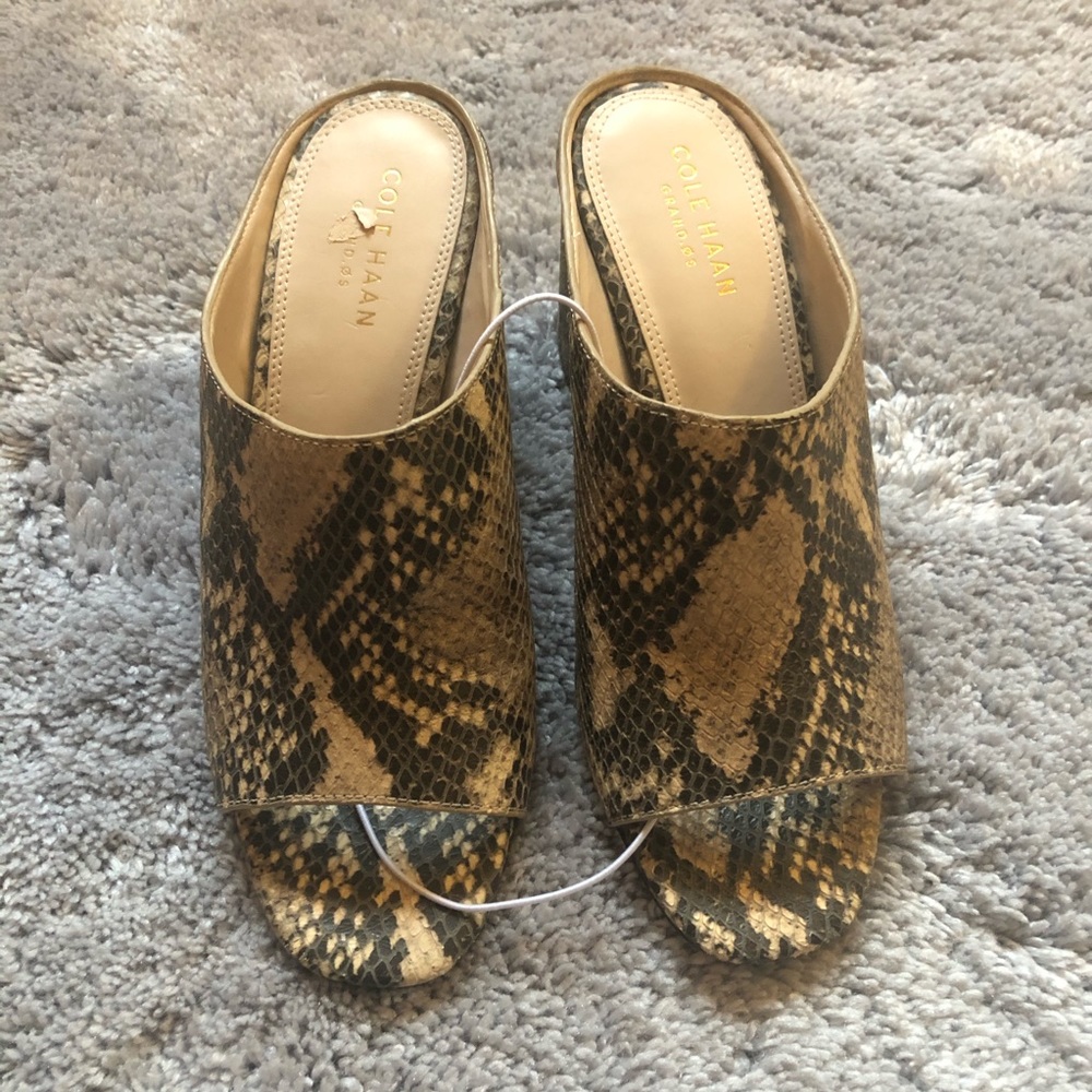 Cole Haan Snake Print Open-Toe Mules in Brown and Black